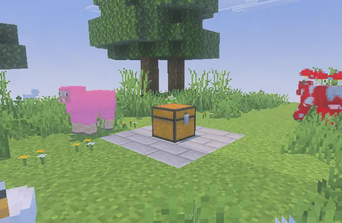 Single chest on grass with animals nearby