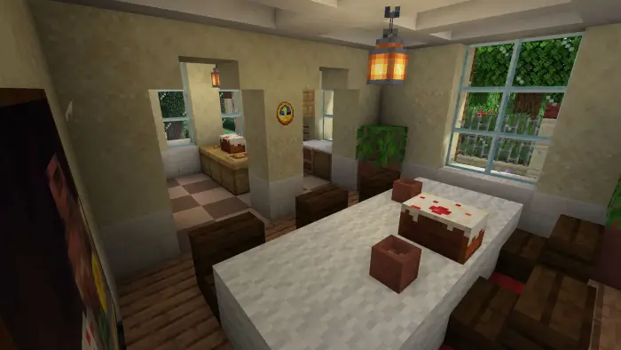 Elegant villa dining room with cake on table