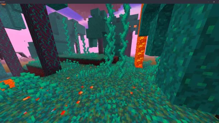 Vivid green forest with lava and purple sky
