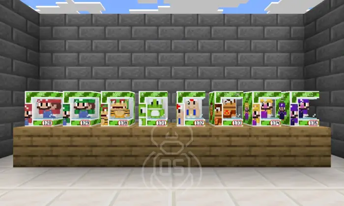 Eight Funko-style figures on display shelf