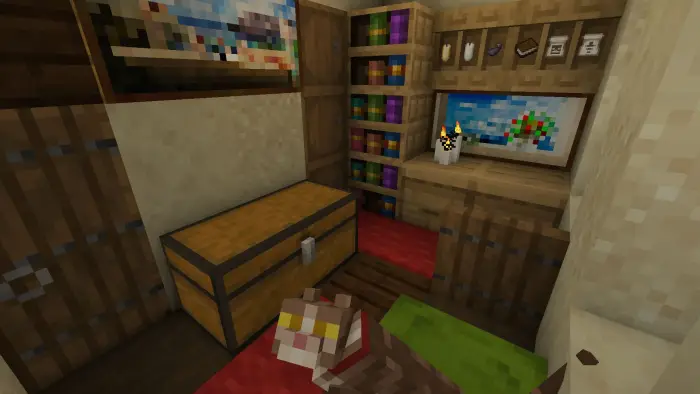 Cozy wood elven house interior with chest