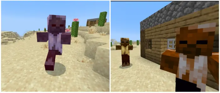 Left Zombie approaches in desert sands Right Villagers outside a desert house