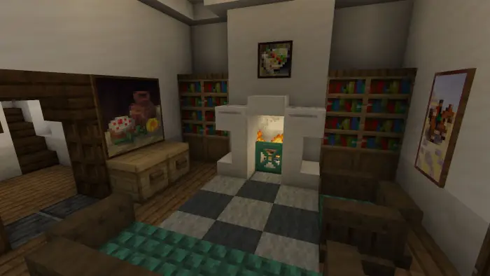 Cozy villa living room with fireplace and art