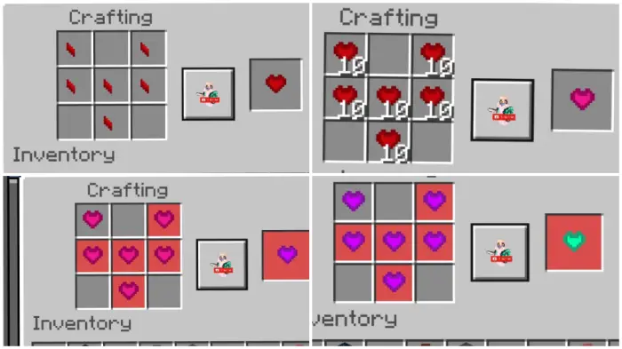 Crafting recipes for heart upgrades shown.