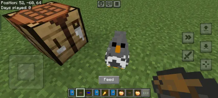 Blocky chicken near crafting table and feed