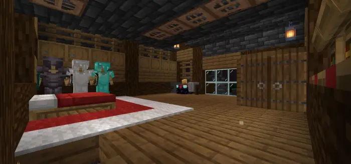 Cozy wooden house interior with armor stands