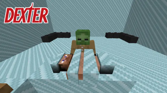 Blocky mannequin on table with Dexter logo