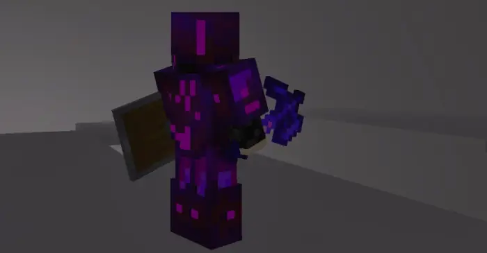 Player in glowing purple armor with axe