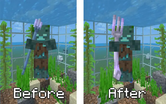 Before Drowned holding original trident After Drowned holding silverware fork