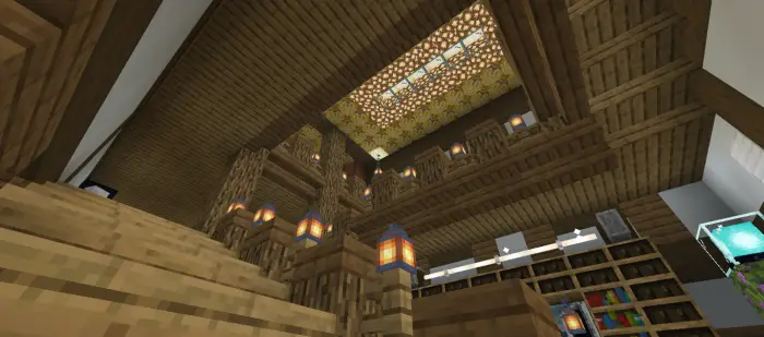 Wooden staircase and balcony with lanterns