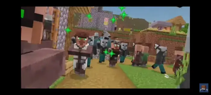 Villagers and mobs animated in a village scene
