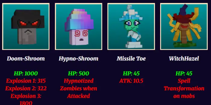 Four Halloween-themed plant characters stats