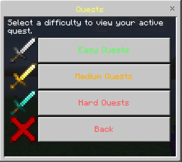 Quest difficulty selection menu with swords
