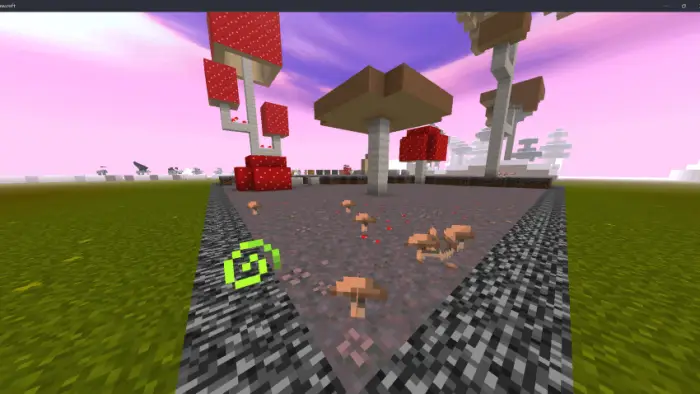 Simplistic mushrooms, green grass, purple sky