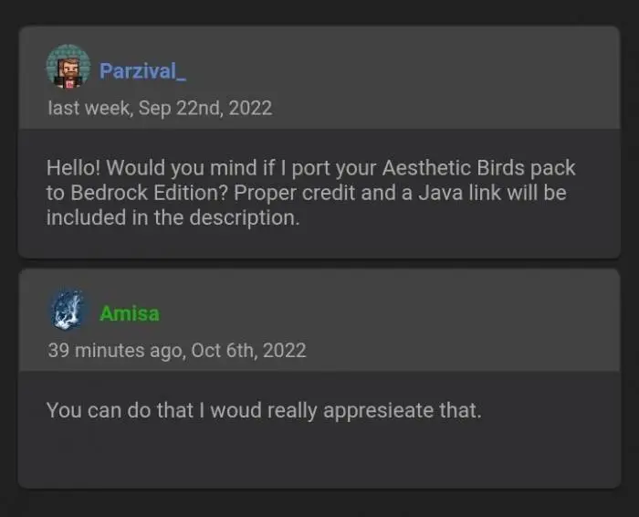 Two users discuss porting a bird texture pack.