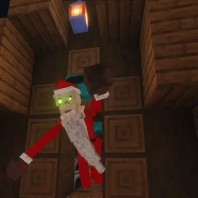 Evil Santa with glowing eyes in a cabin
