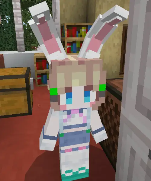 Blocky bunny-eared companion character indoors