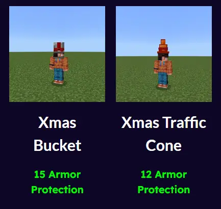 1. Character with Xmas bucket helmet 2. Character with Xmas traffic cone hat
