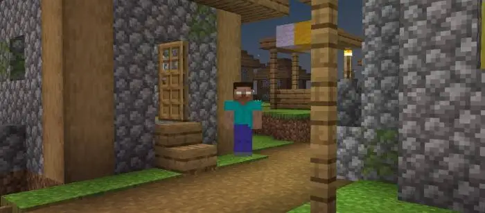 Blocky character stands in a village path
