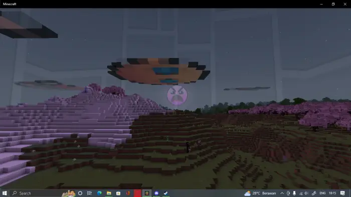 Large pixel art face floats over pink hills