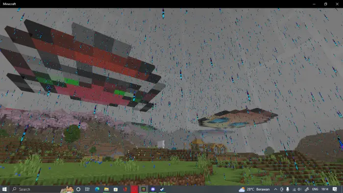 Pixelated lobotomy faces float in rainy sky