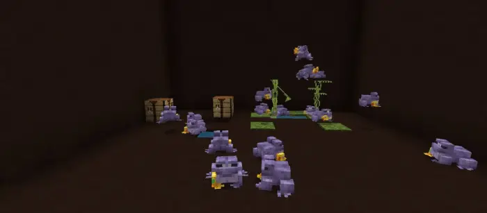 Purple Thanos-styled frogs in a room