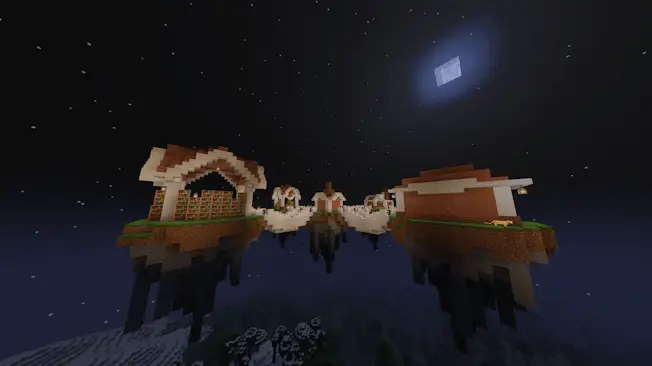 Floating village structures under moonlight