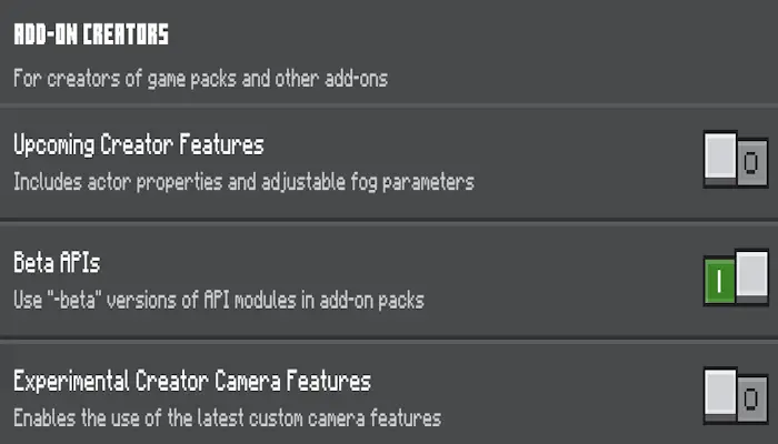 Add-on creator settings with toggle switches