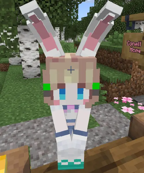 Cute bunny-eared companion character stands outside.