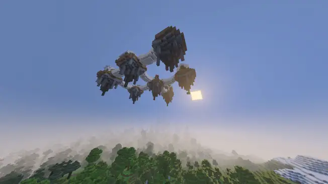 Floating village structures above forest