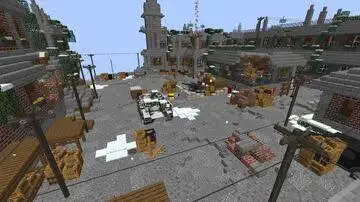 War-torn city square with bunkers and debris