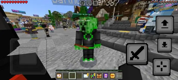 Player with 3D green skin in a busy plaza