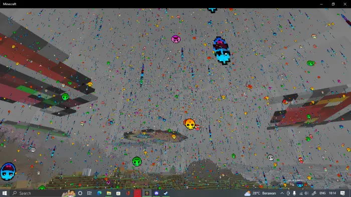 Colorful lobotomy faces fill the sky.