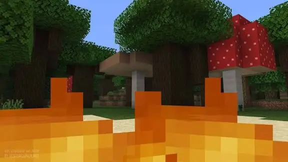 Small, soft flames in a blocky forest scene