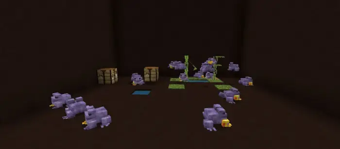 Purple Thanos frogs in a blocky room