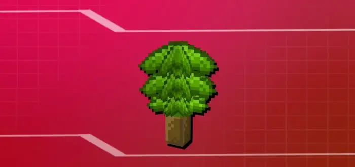 Pixelated tree model on a red background