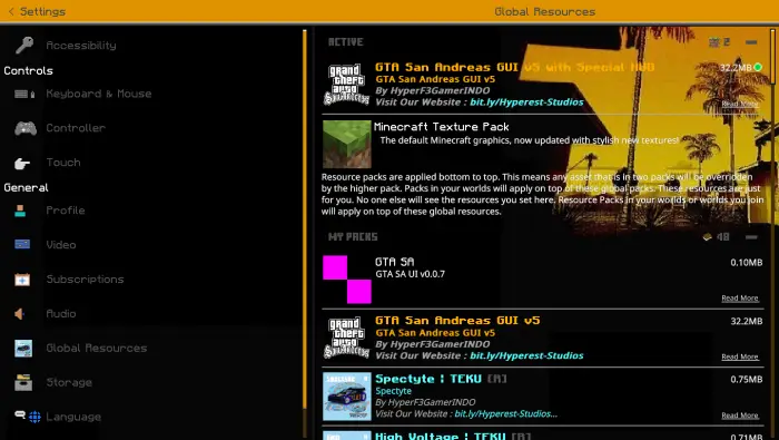 ALT text San Andreas UI texture pack selection menu