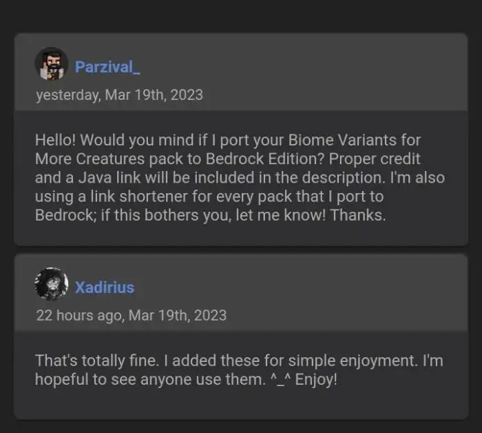Two users discuss porting a texture pack.
