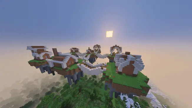 Floating village structures above the clouds