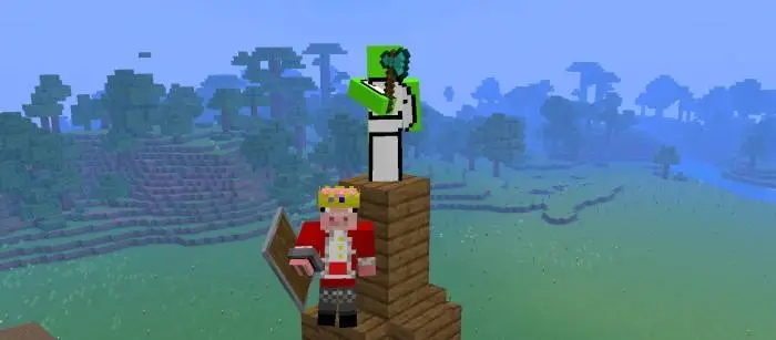 Two custom armor stands on wooden blocks