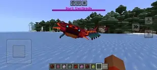 Red dinosaur creature hovers above icy lake.