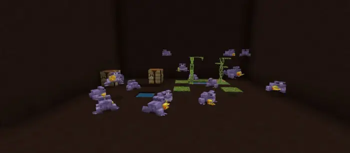 Purple Thanos frogs in a blocky room