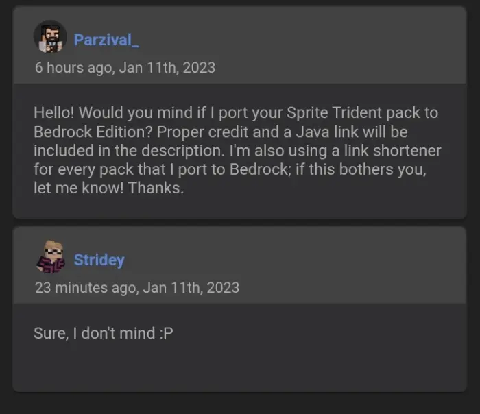 Two users discuss porting a texture pack.