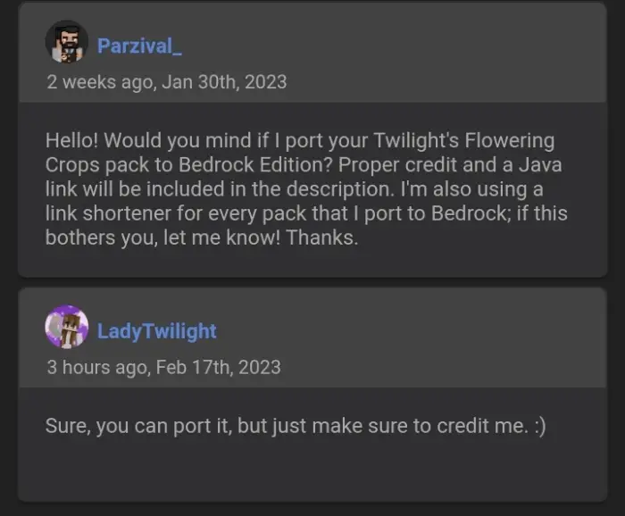 Two users discuss porting a texture pack.