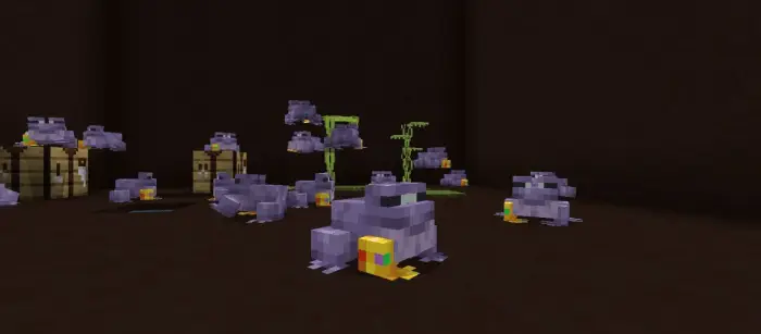Purple frogs with gauntlet feet in a room