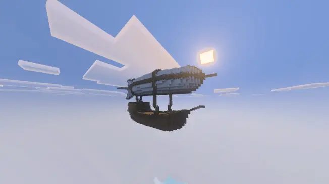 Blocky airship floats above the clouds