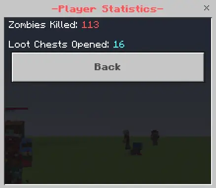 Player stats 113 zombies killed, 16 chests