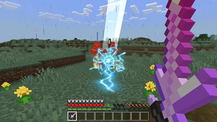 Player with enchanted sword attacks lightning mobs
