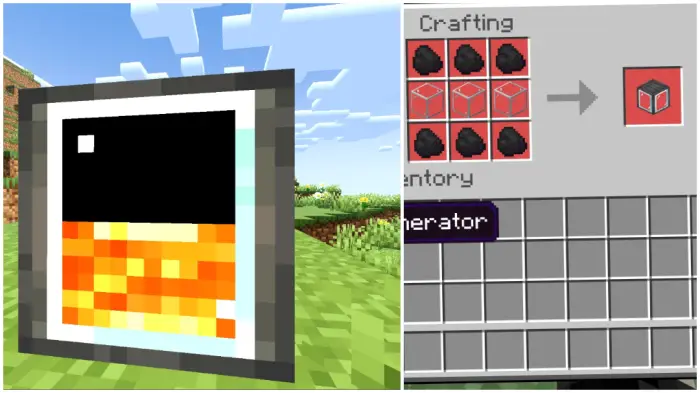 Left Pixelated machine with lava display. Right Crafting recipe for a generator block.