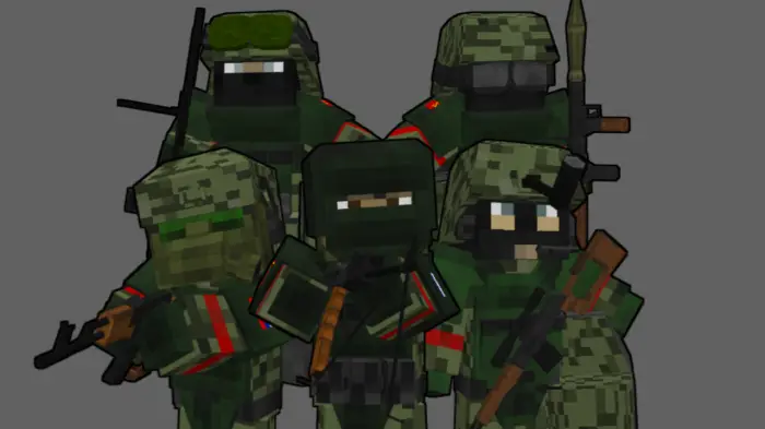 Pixelated soldiers in tactical combat gear